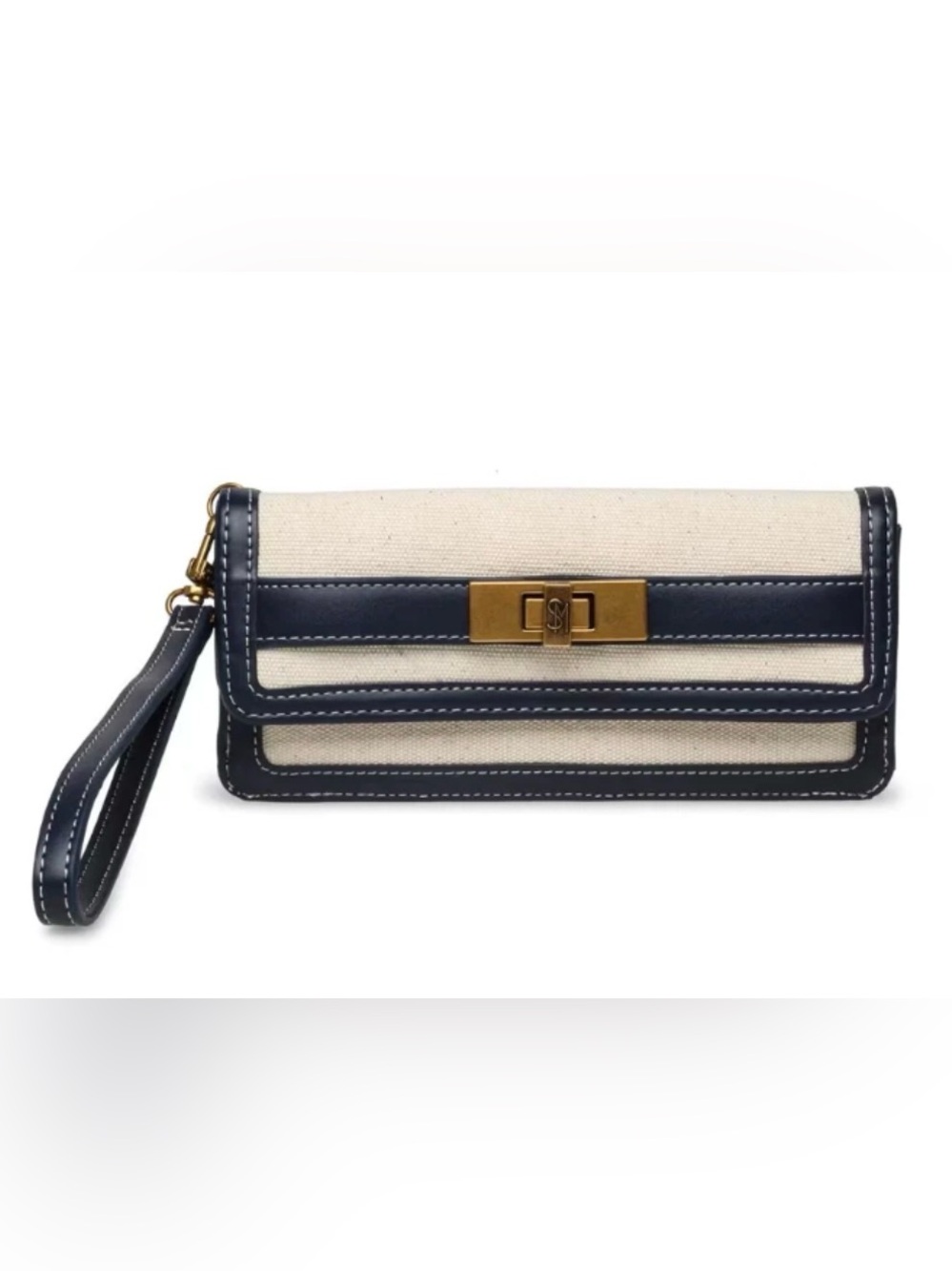 Steve Madden Canvas Clutch with Navy Trim and Gold Accent